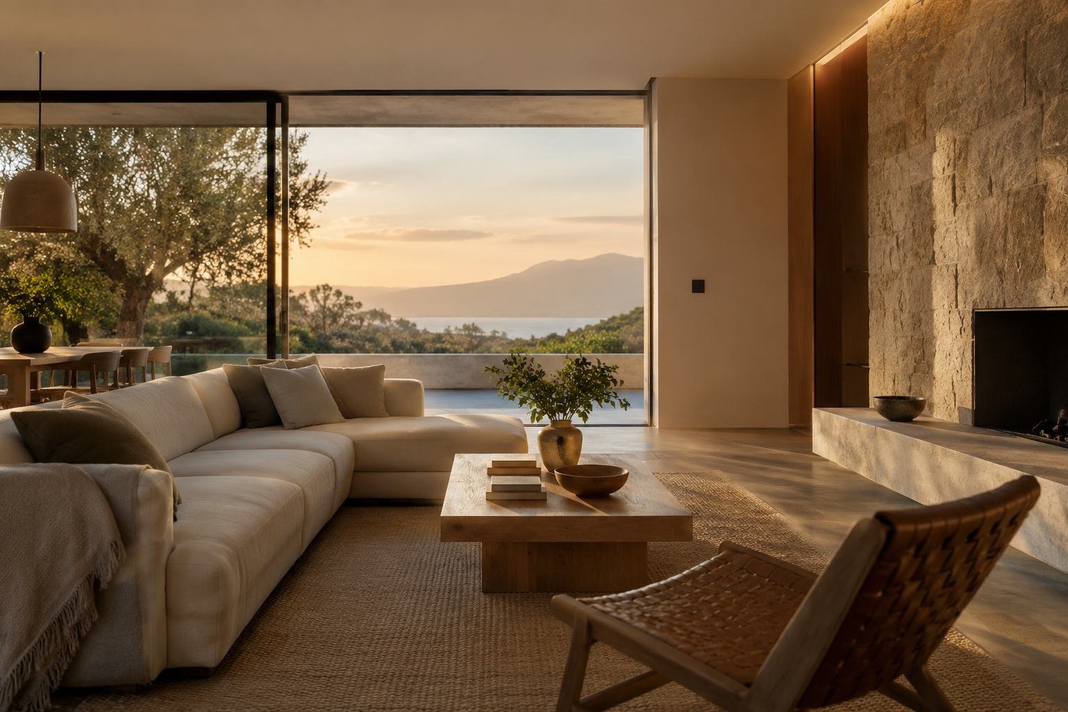 A warm stone and timber living room opens to a quiet sunset landscape.