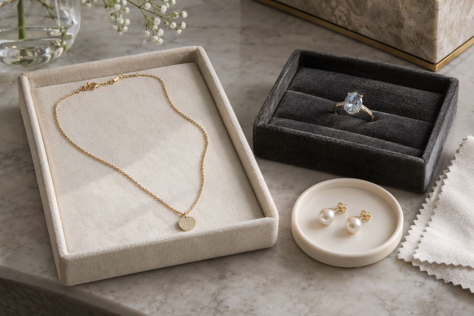 A necklace, gemstone ring and pearl earrings rest on separate jewelry trays.