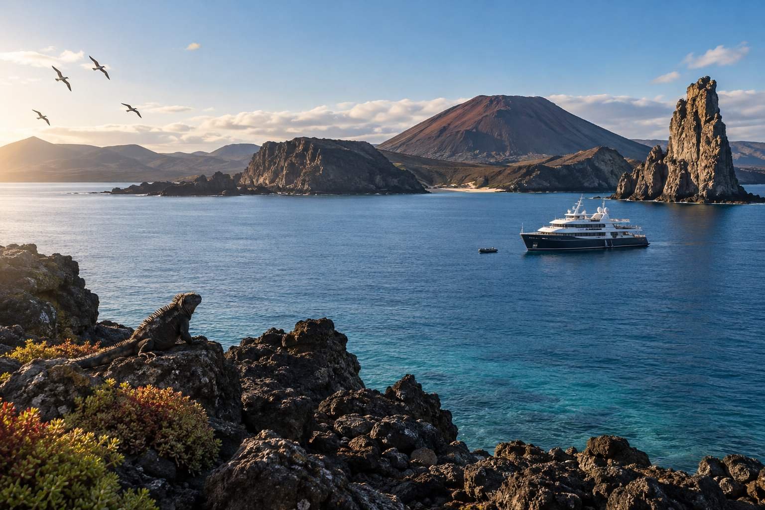 An expedition yacht lies offshore beyond volcanic rocks and a marine iguana.