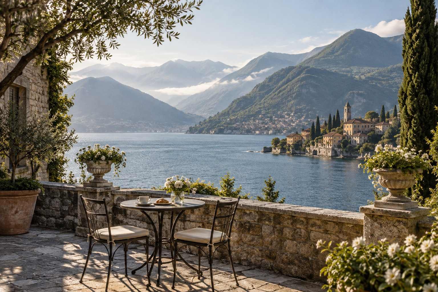 A café table on a stone terrace overlooks an alpine lake and village.