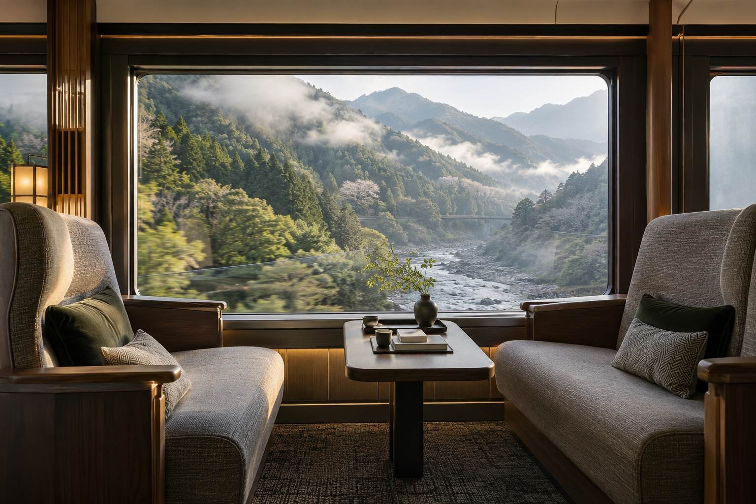 Two lounge seats frame a wide train window overlooking a misty Japanese mountain valley.