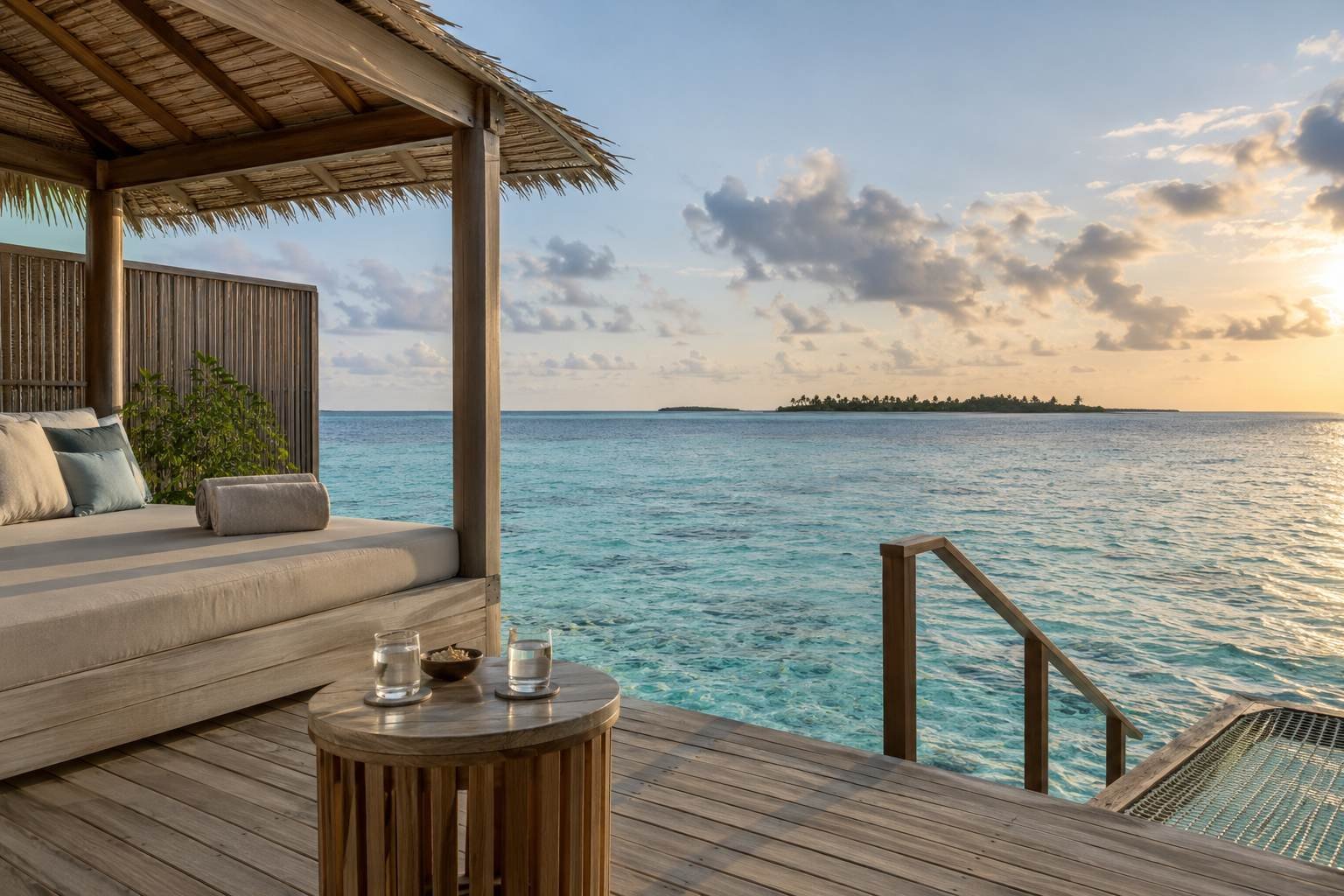 A shaded overwater terrace opens onto a clear lagoon at sunset.