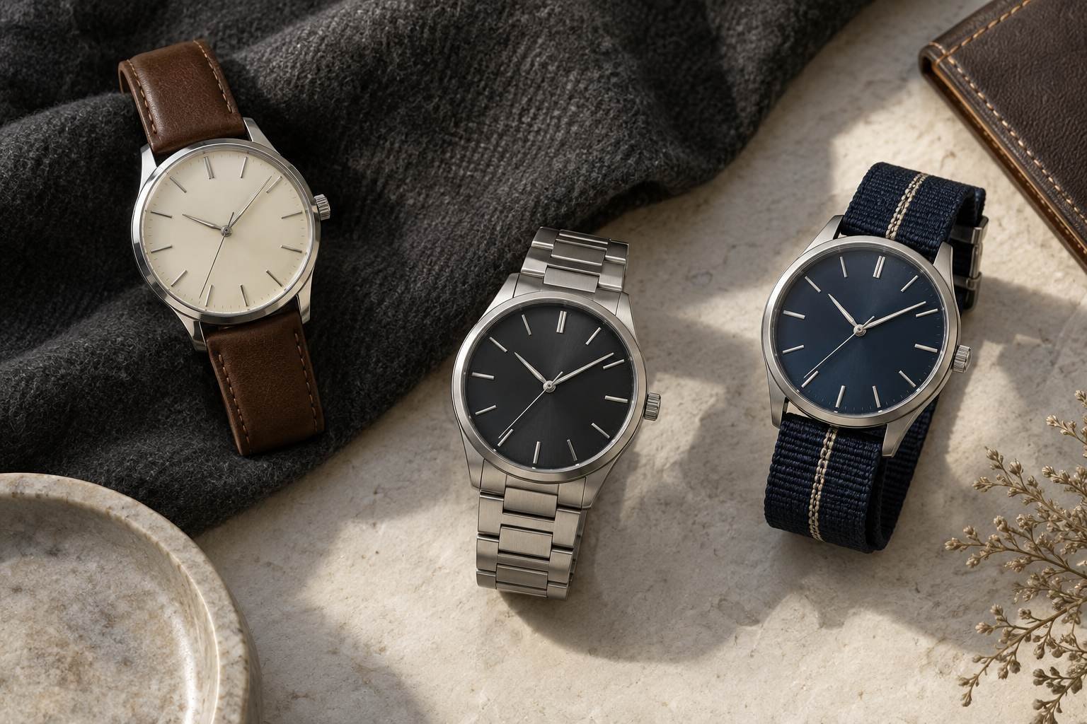 Three unbranded mechanical watches with ivory, charcoal and blue baton dials.
