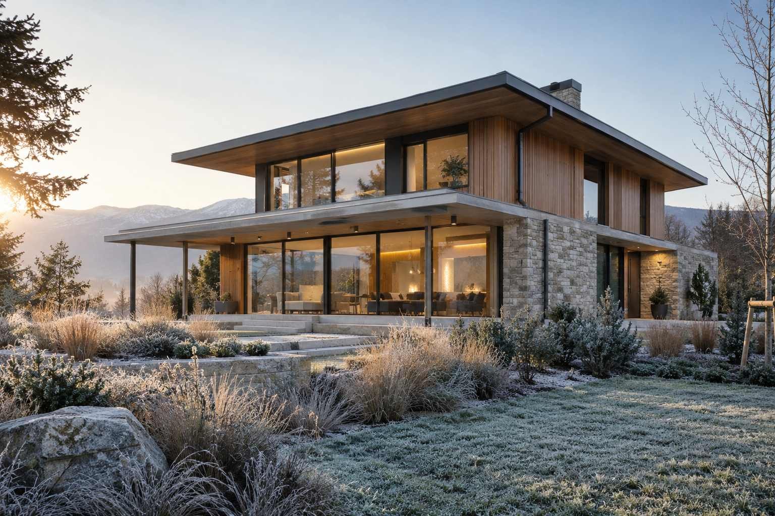 A timber and stone modern home sits in a frost-covered native garden.