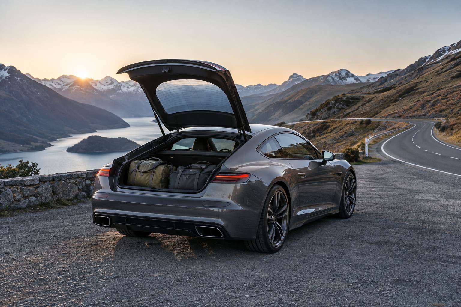 A performance coupe with packed luggage stands at a mountain-road overlook.